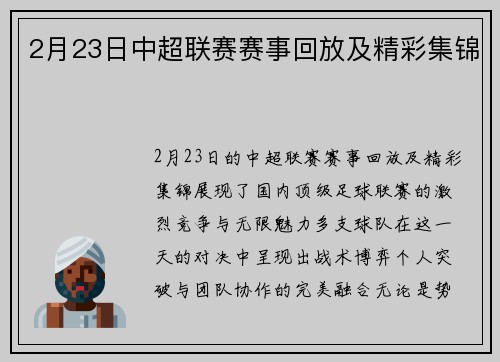 2月23日中超联赛赛事回放及精彩集锦