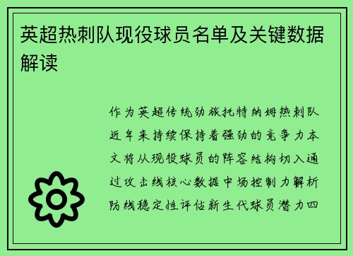 英超热刺队现役球员名单及关键数据解读